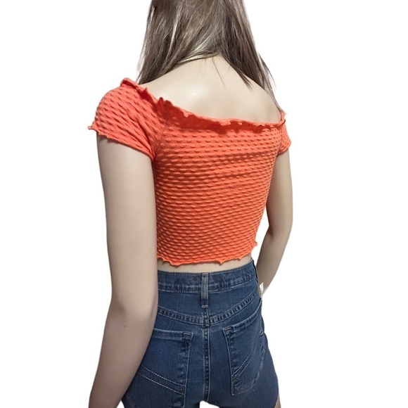 BP. Stretch Knit Top Cotton Shirt Crop Off or On Shoulder Peach Orange NWOT - Picture 6 of 10